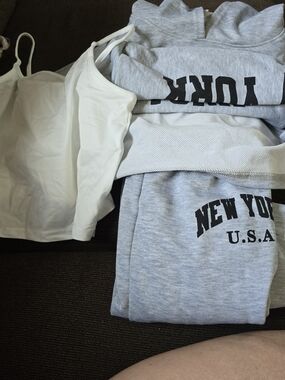 SHEIN White Tank Top and Gray 'New York U.S.A.' Hoodie Set